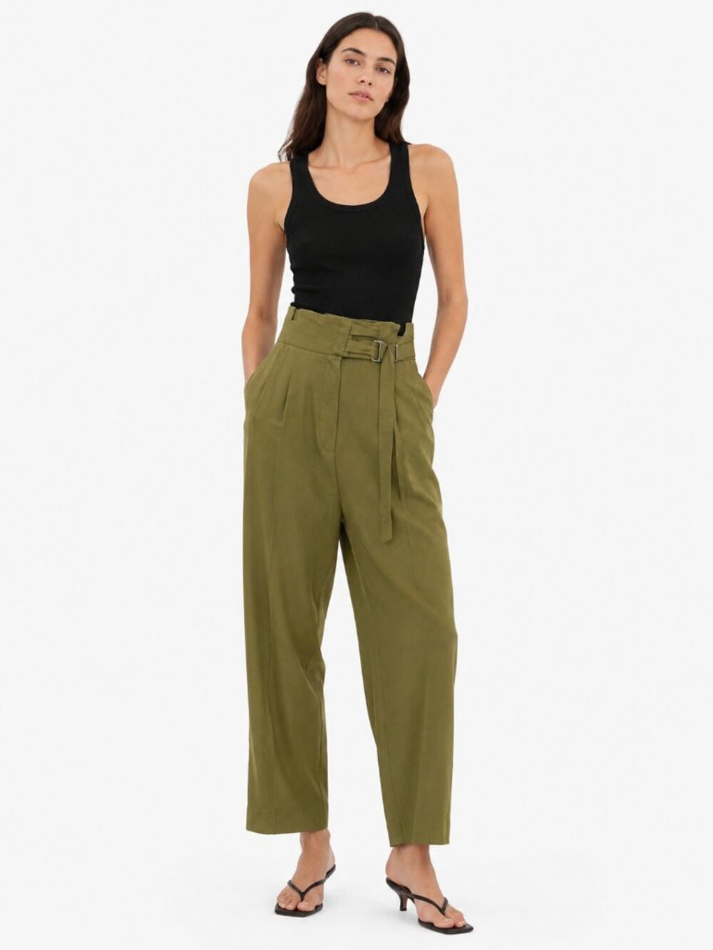 SANDRO OLIVE GREEN LINEN BLEND HIGH RISE STRAIGHT LEG PLEATED TROUSER - 0